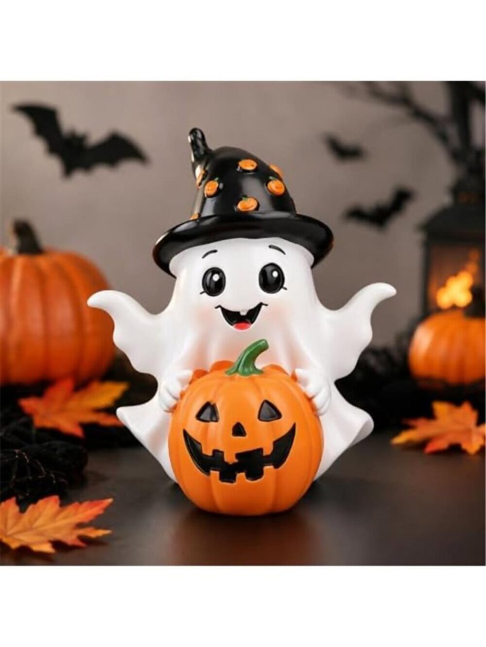 Halloween Ghost Figurine Witch Hat, Cute Pumpkin Holding Tabletop Decor